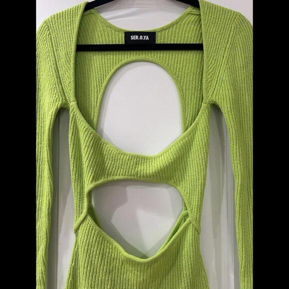SER.O.YA Women’s Knit Bodycon Cut Out Mini Dress Small Green Long Sleeve Holiday - Picture 4 of 8